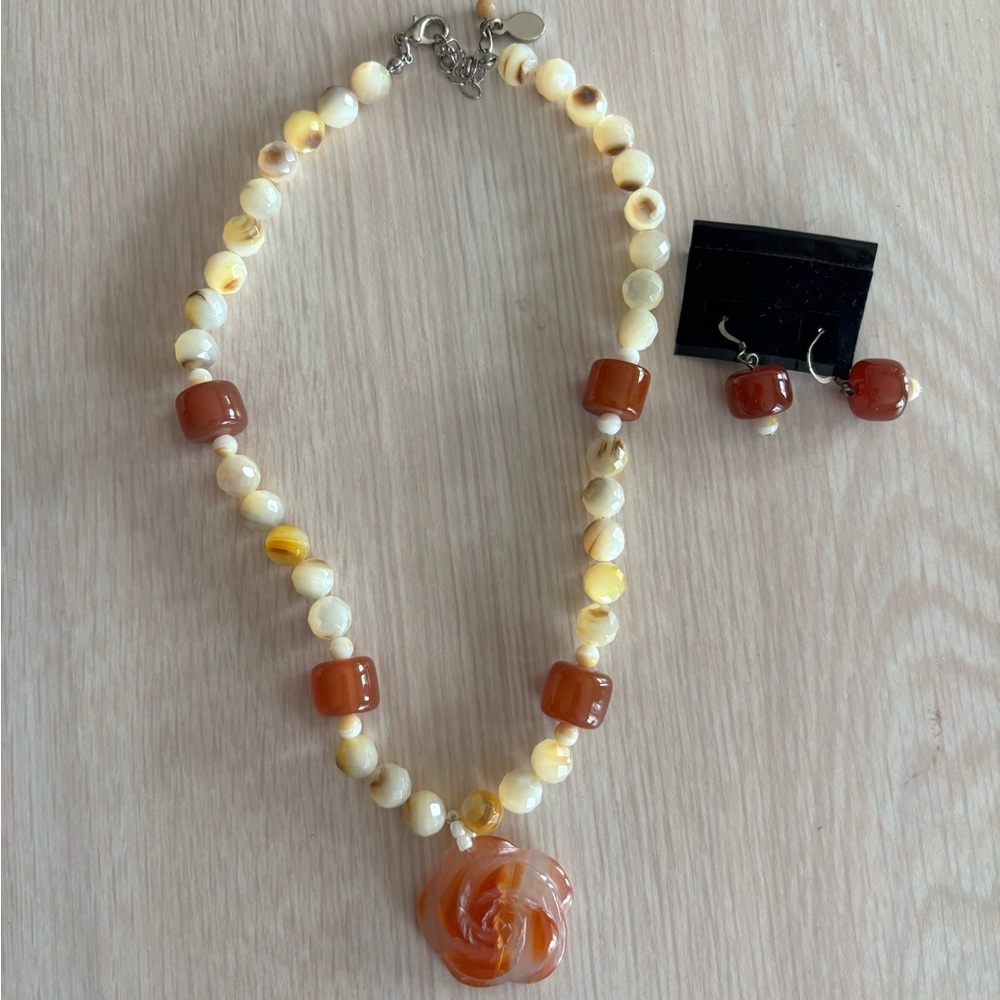 Beaded Brown and Cream Stone Necklace and Earring Set